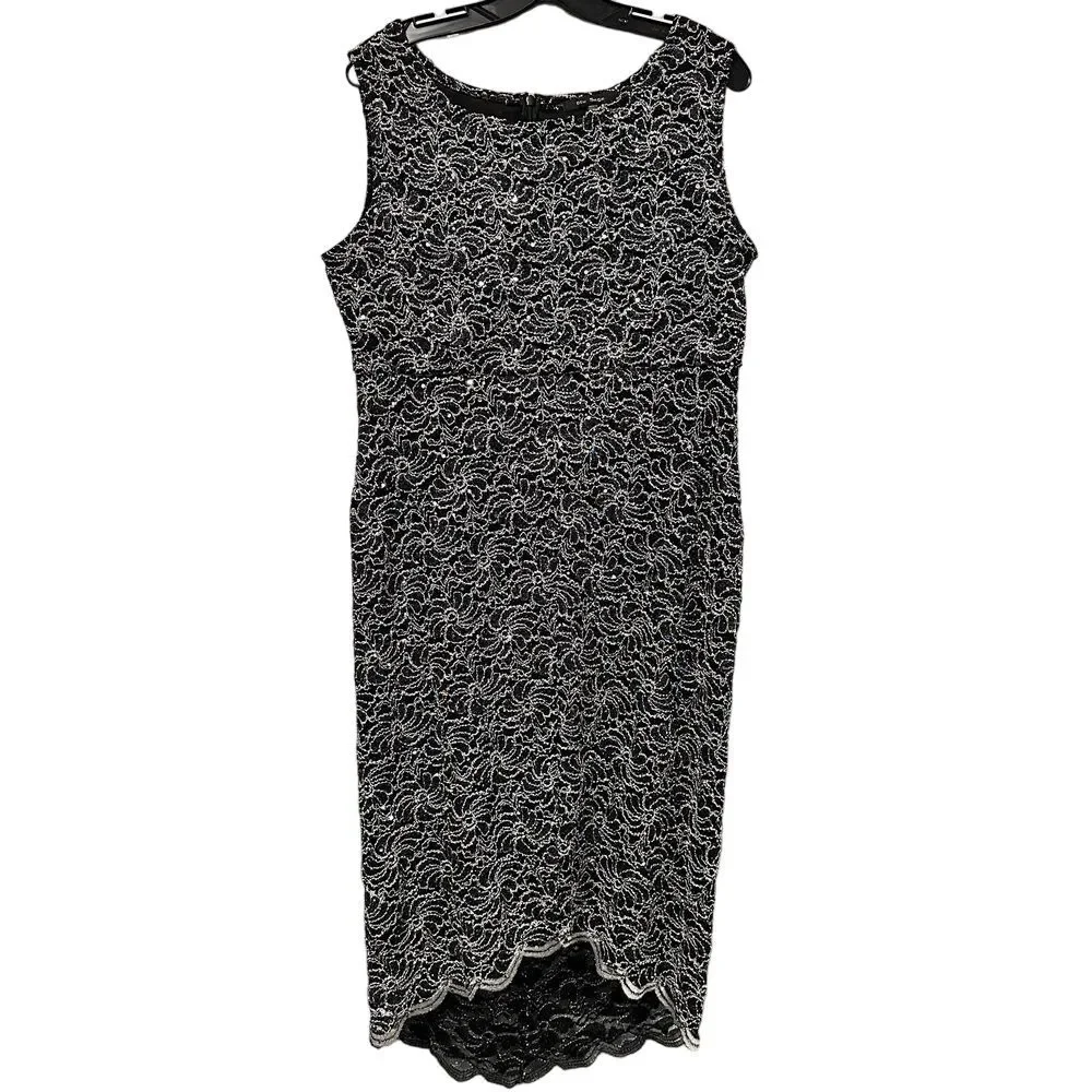 Blu Sage‎ Dress Size 16 Black Silver Cocktail Sequins Metallic Threads Hi Lo Hem